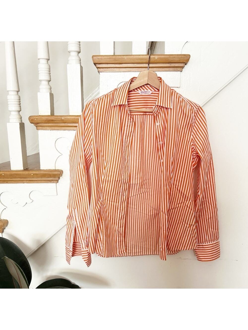 Guglielminotti Milano Orange White Striped Button-Up Shirt Cotton Blend 44 (L)